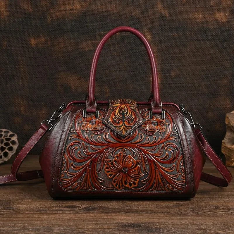 Floral Pattern Embossed Handmade PU Leather Bags - Glova