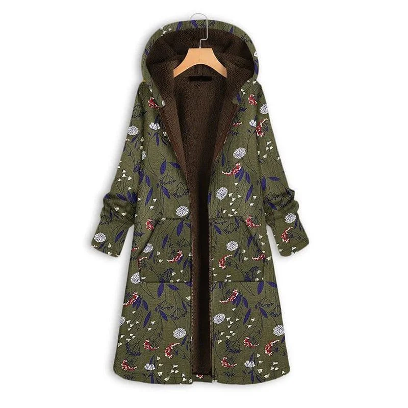 Floral Print Plush Hooded Coat - Glova