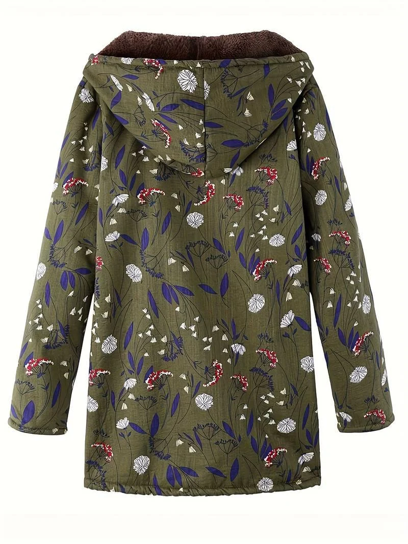 Floral Print Plush Hooded Coat - Glova