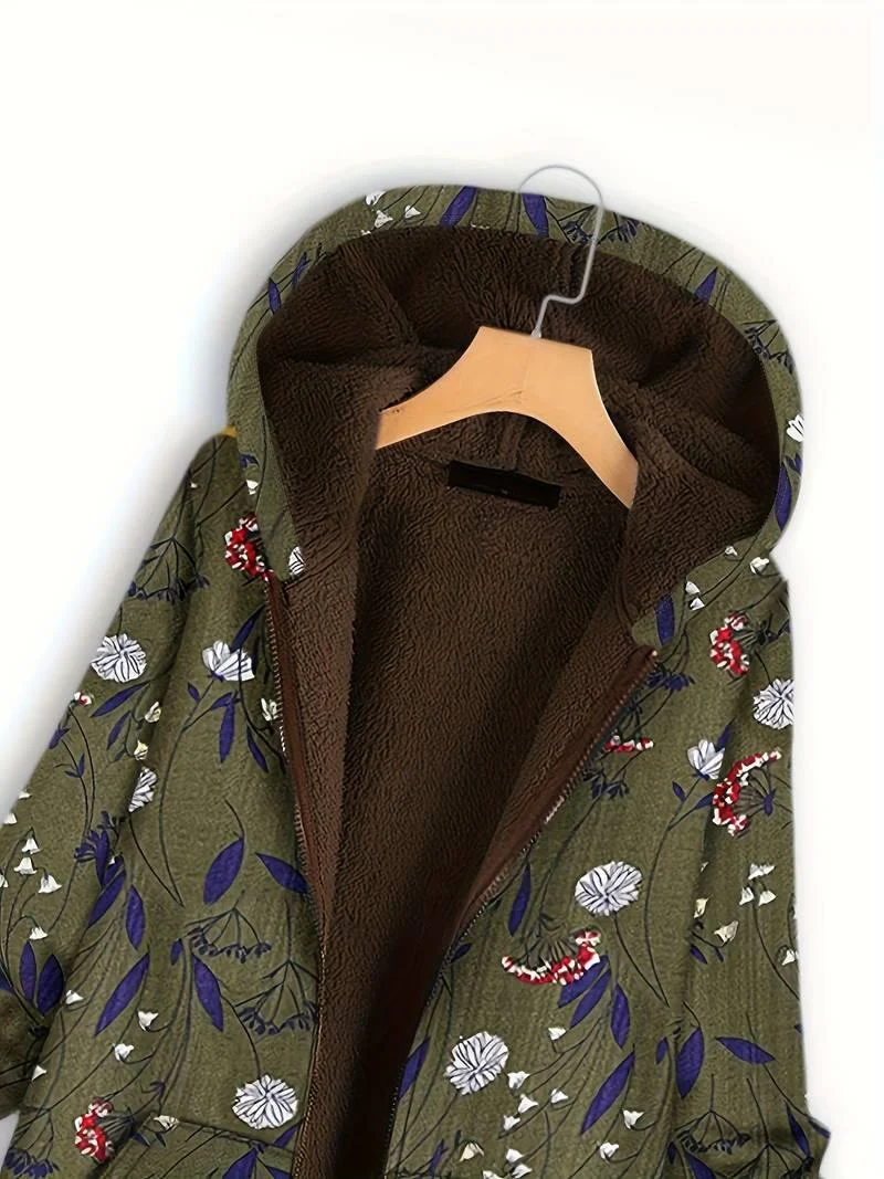 Floral Print Plush Hooded Coat - Glova