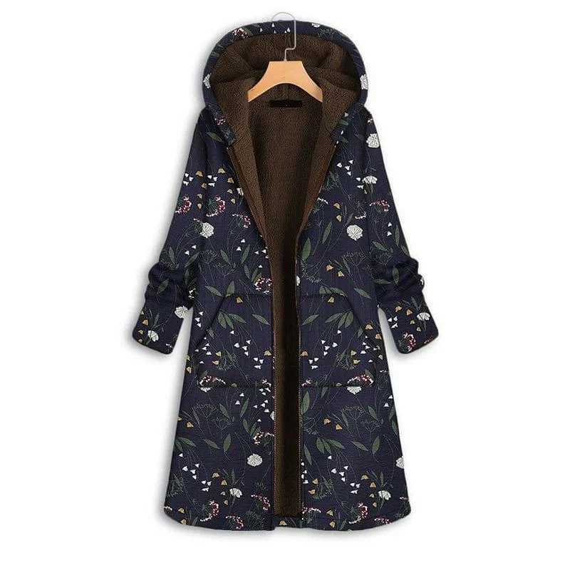 Floral Print Plush Hooded Coat - Glova