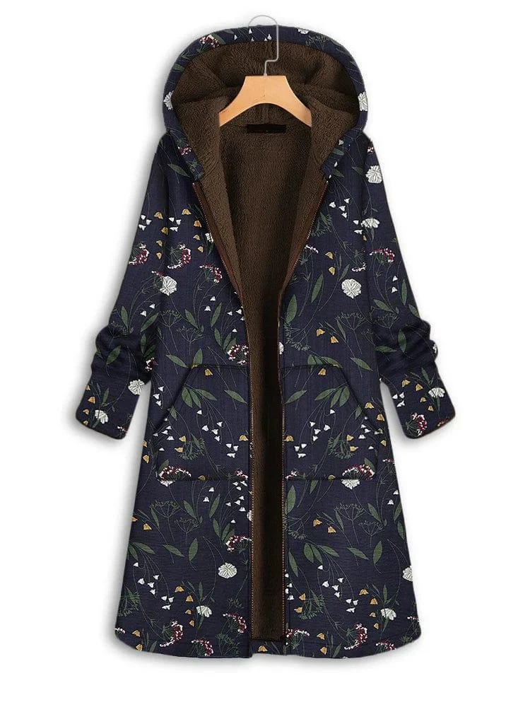 Floral Print Plush Hooded Coat - Glova