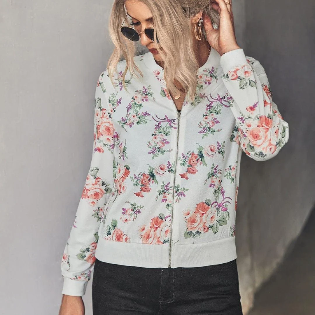 Floral Zip Up Ribbed Trim Bomber Jacket - Glova