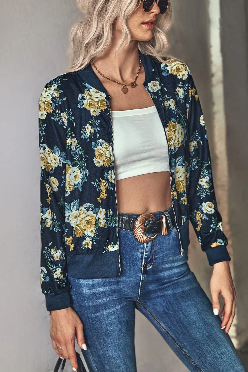 Floral Zip Up Ribbed Trim Bomber Jacket - Glova