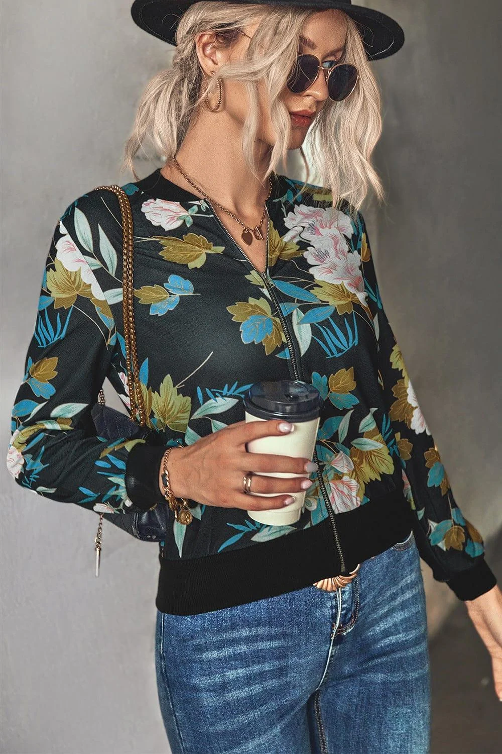 Floral Zip Up Ribbed Trim Bomber Jacket - Glova