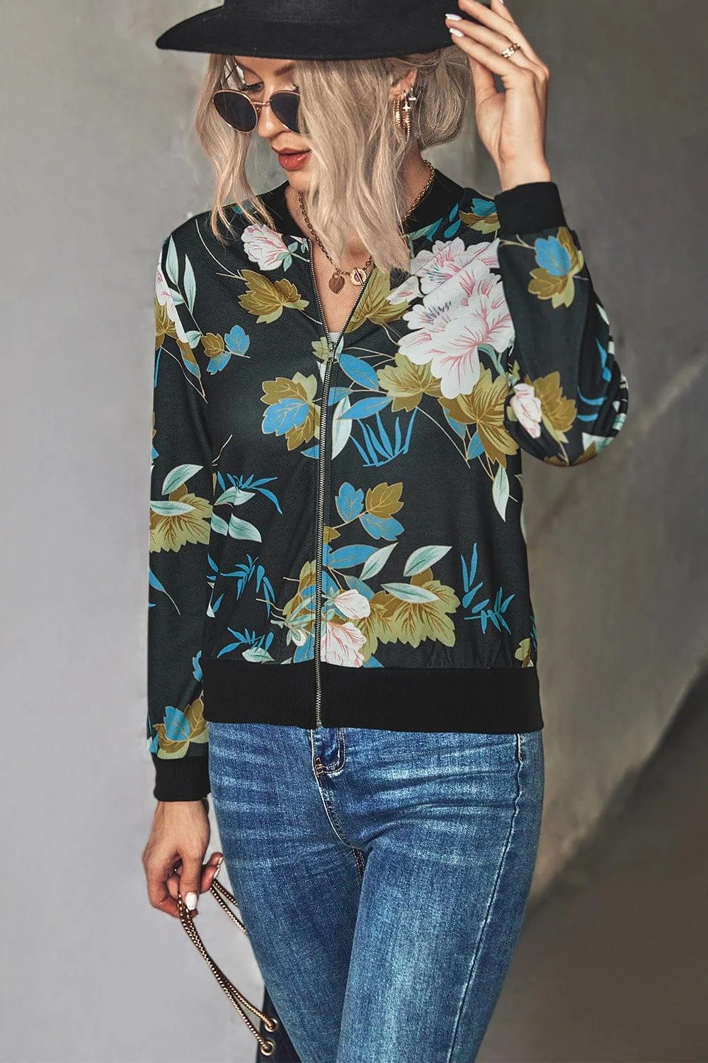 Floral Zip Up Ribbed Trim Bomber Jacket - Glova