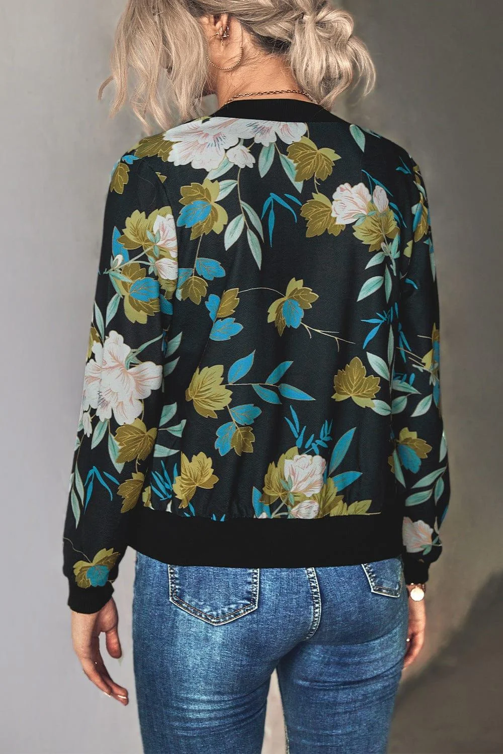 Floral Zip Up Ribbed Trim Bomber Jacket - Glova