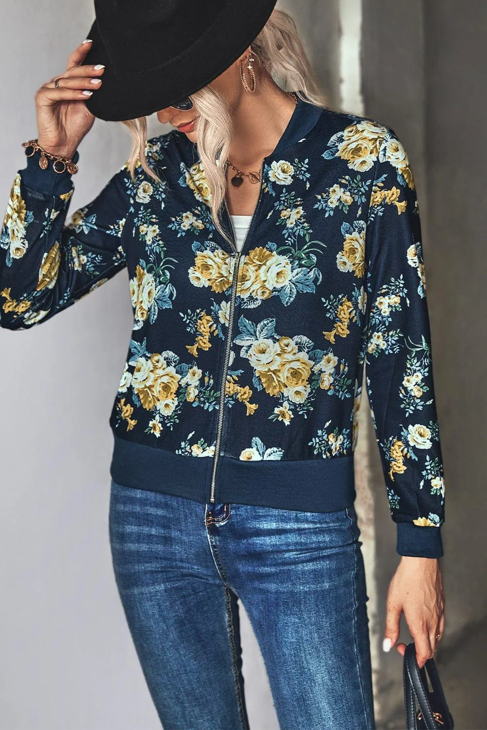 Floral Zip Up Ribbed Trim Bomber Jacket - Glova