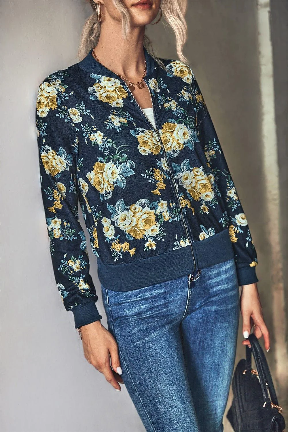 Floral Zip Up Ribbed Trim Bomber Jacket - Glova