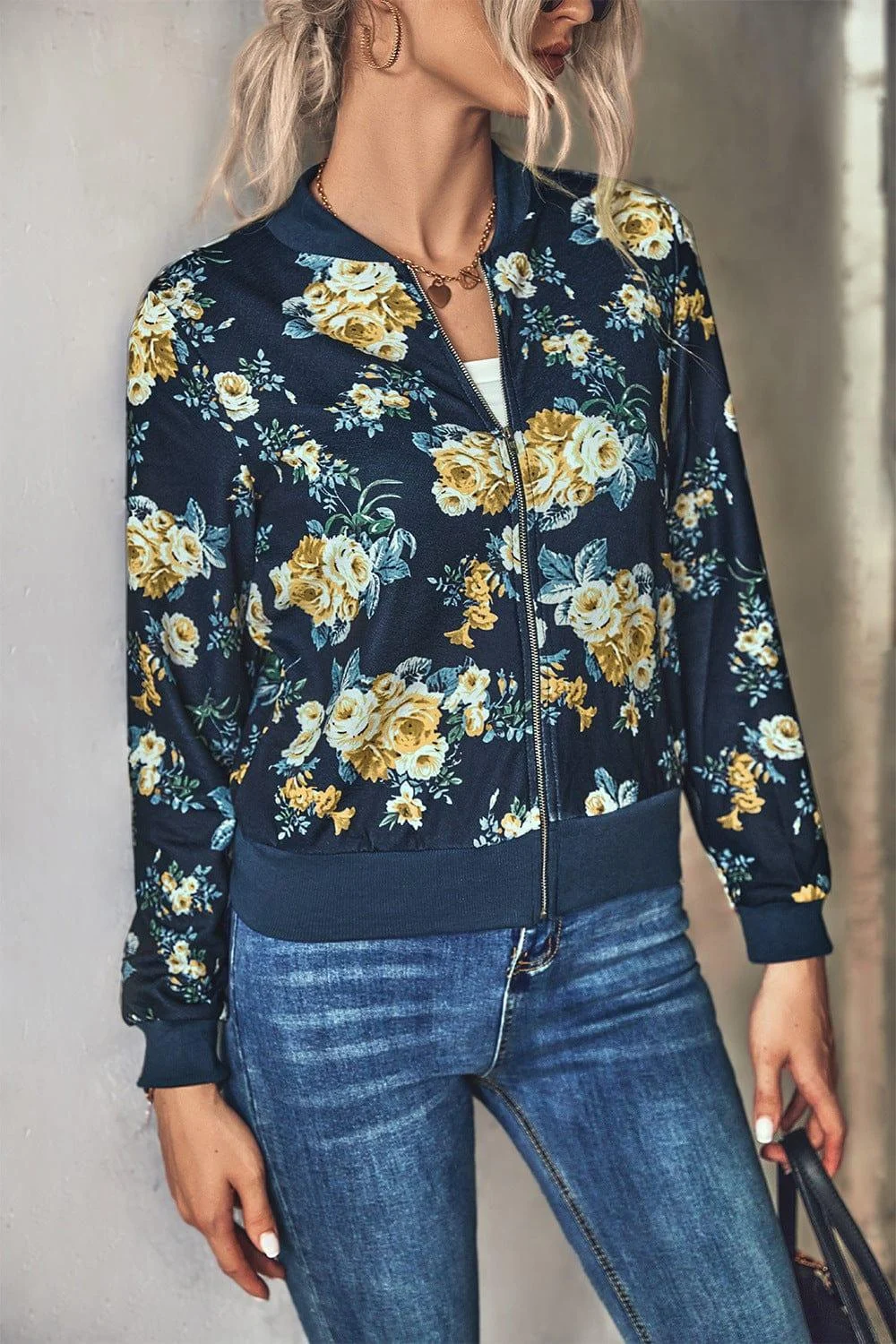 Floral Zip Up Ribbed Trim Bomber Jacket - Glova