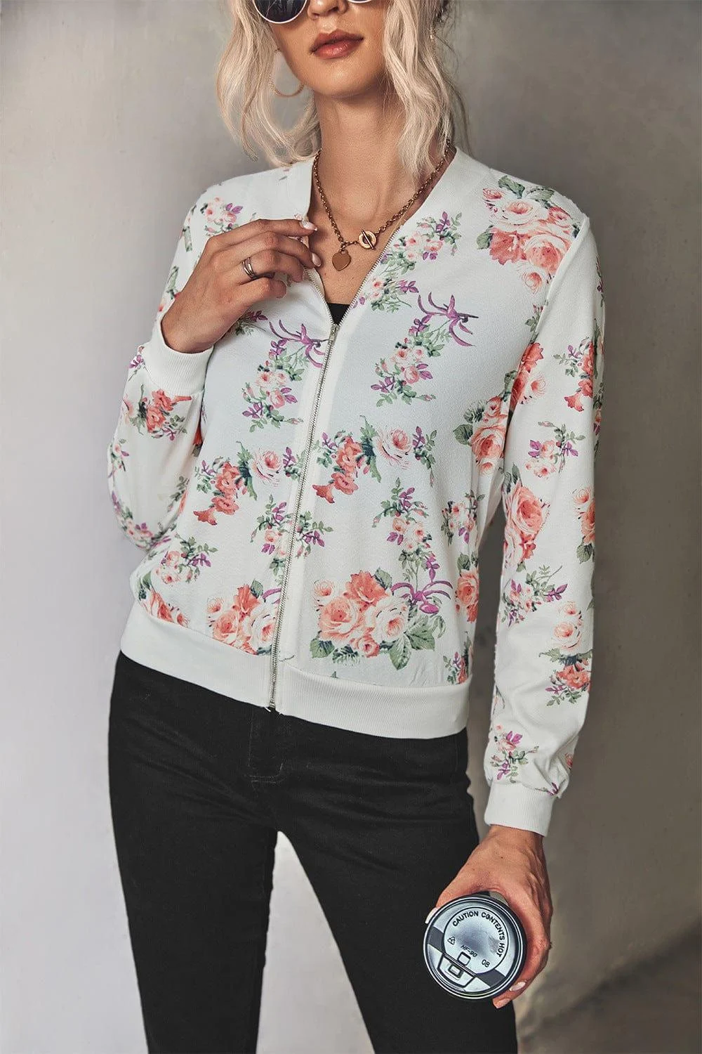 Floral Zip Up Ribbed Trim Bomber Jacket - Glova