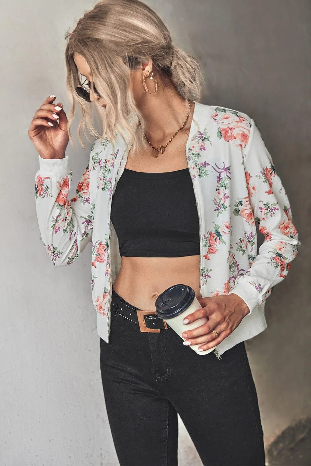 Floral Zip Up Ribbed Trim Bomber Jacket - Glova