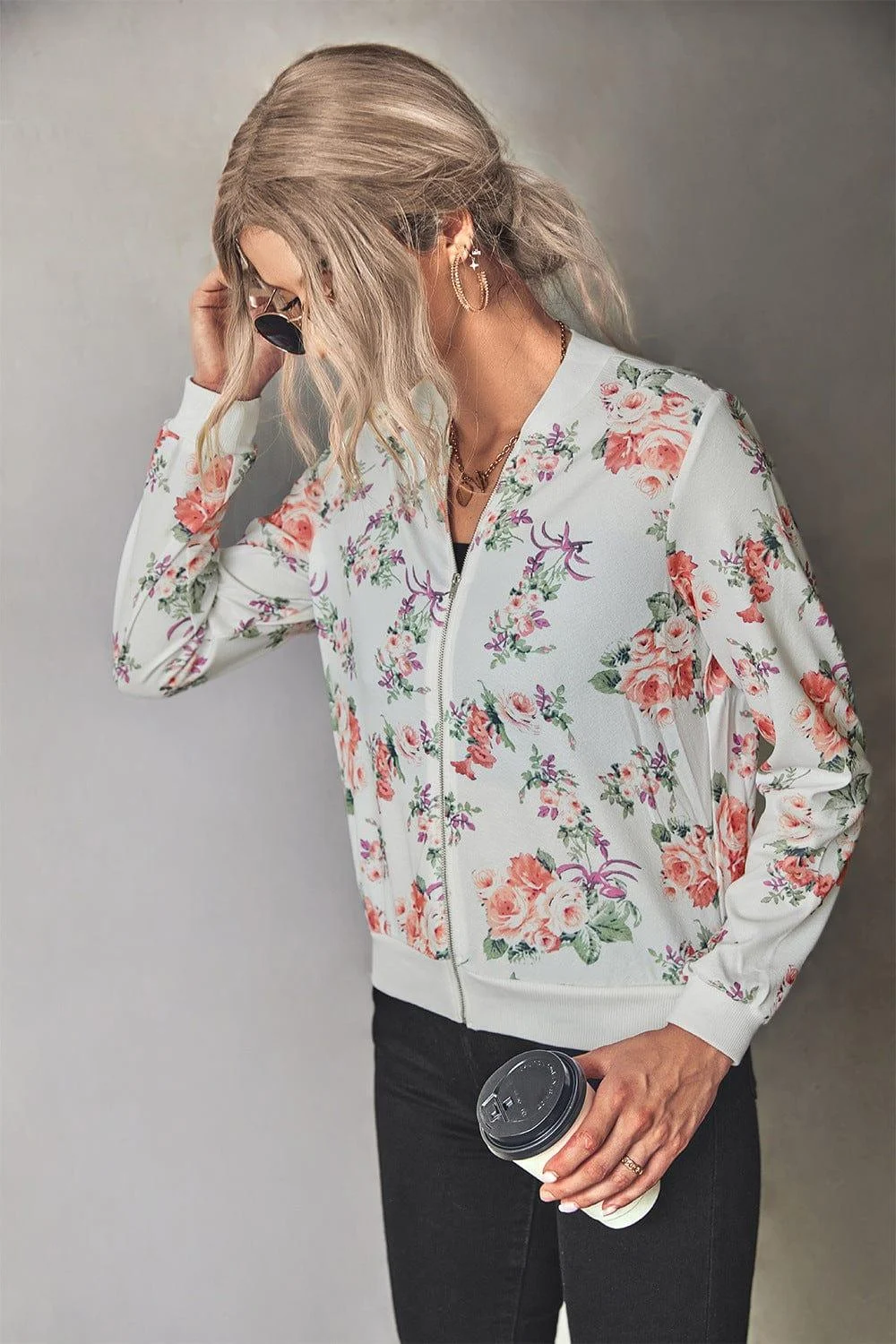 Floral Zip Up Ribbed Trim Bomber Jacket - Glova