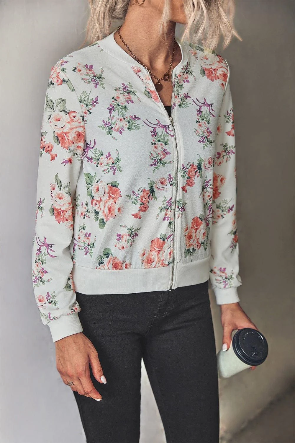 Floral Zip Up Ribbed Trim Bomber Jacket - Glova