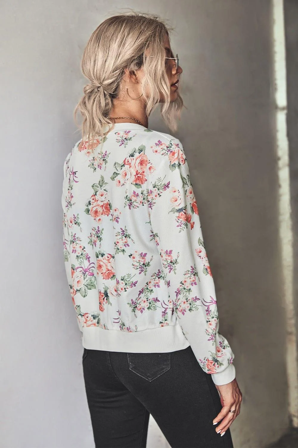 Floral Zip Up Ribbed Trim Bomber Jacket - Glova