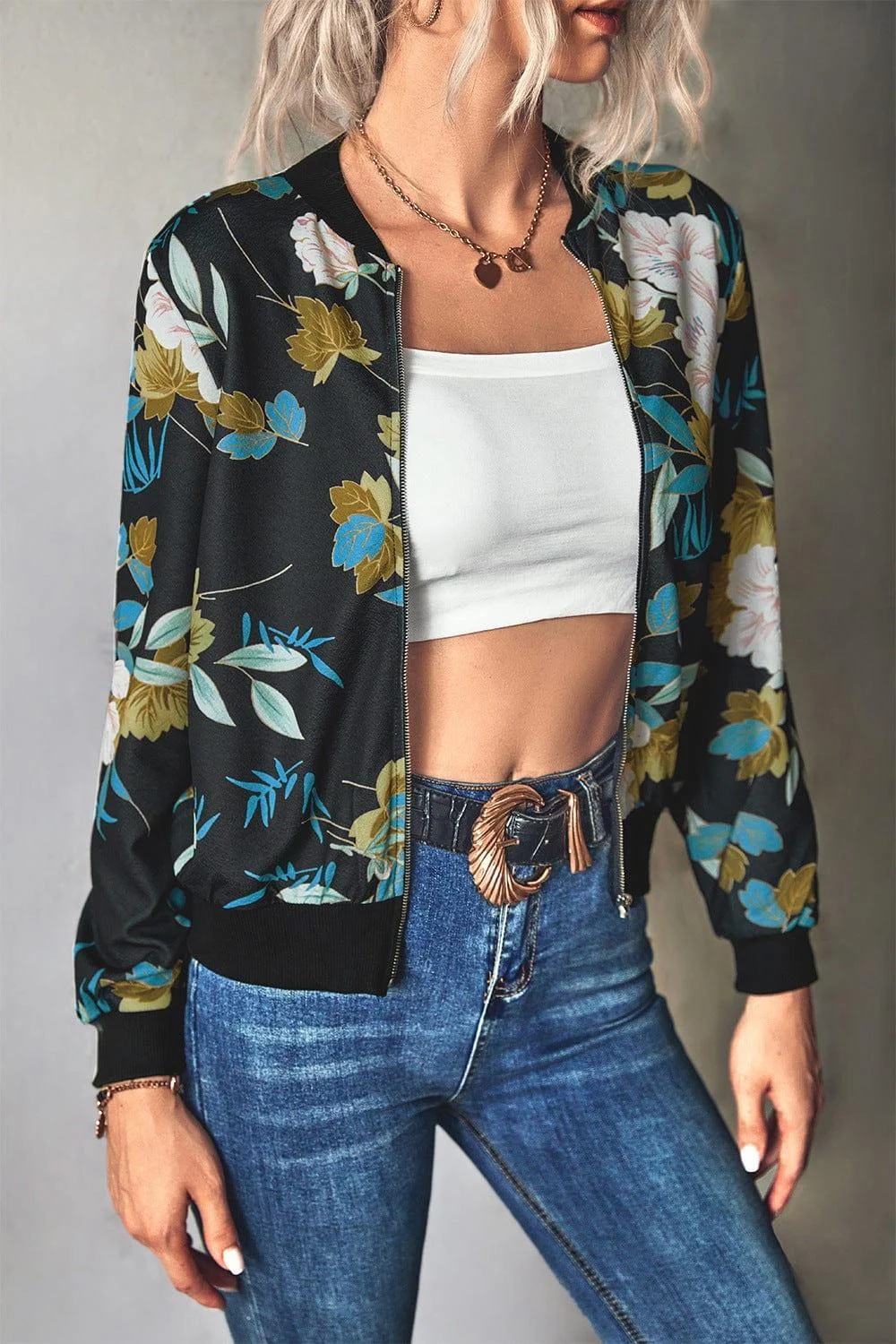 Floral Zip Up Ribbed Trim Bomber Jacket - Glova