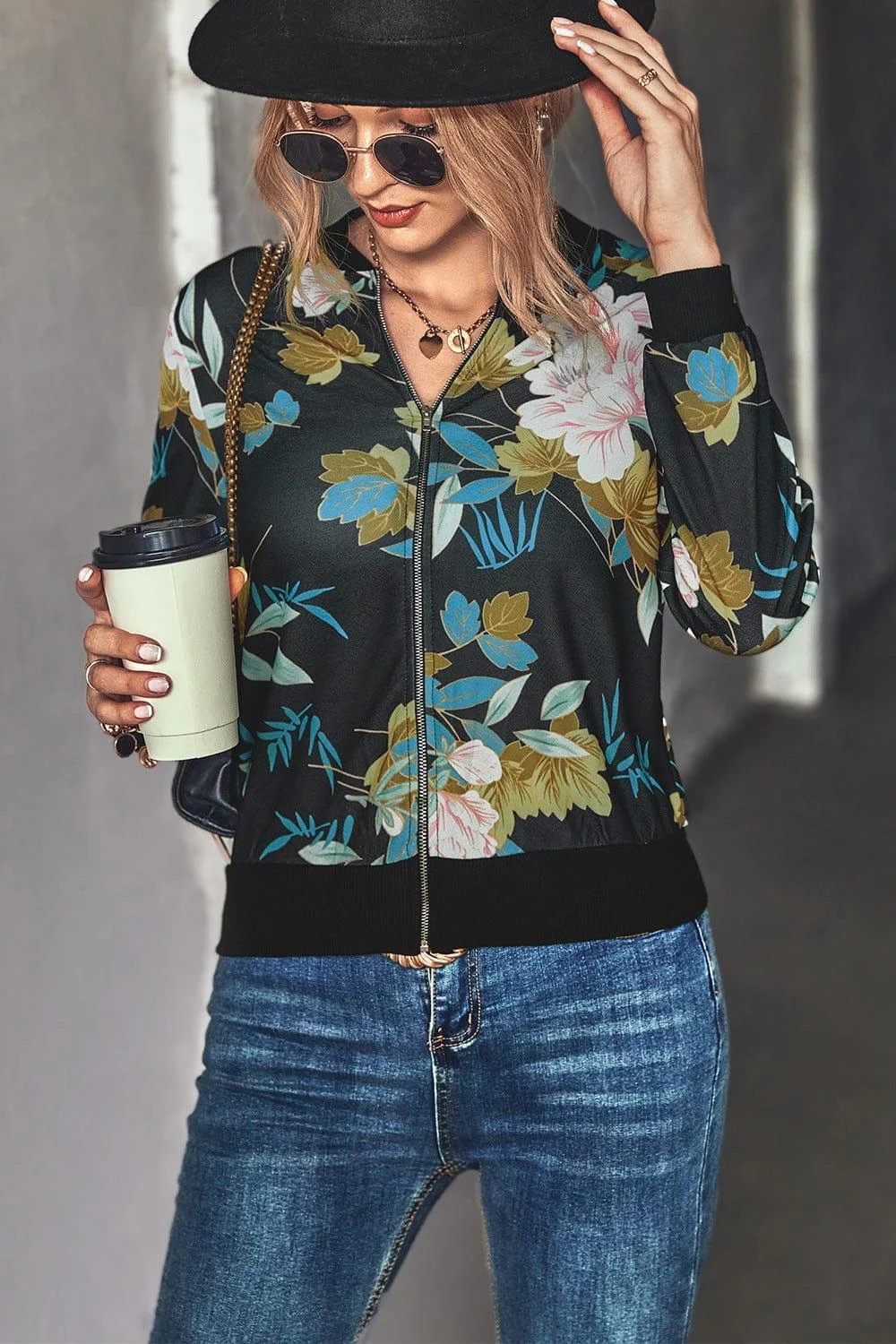 Floral Zip Up Ribbed Trim Bomber Jacket - Glova