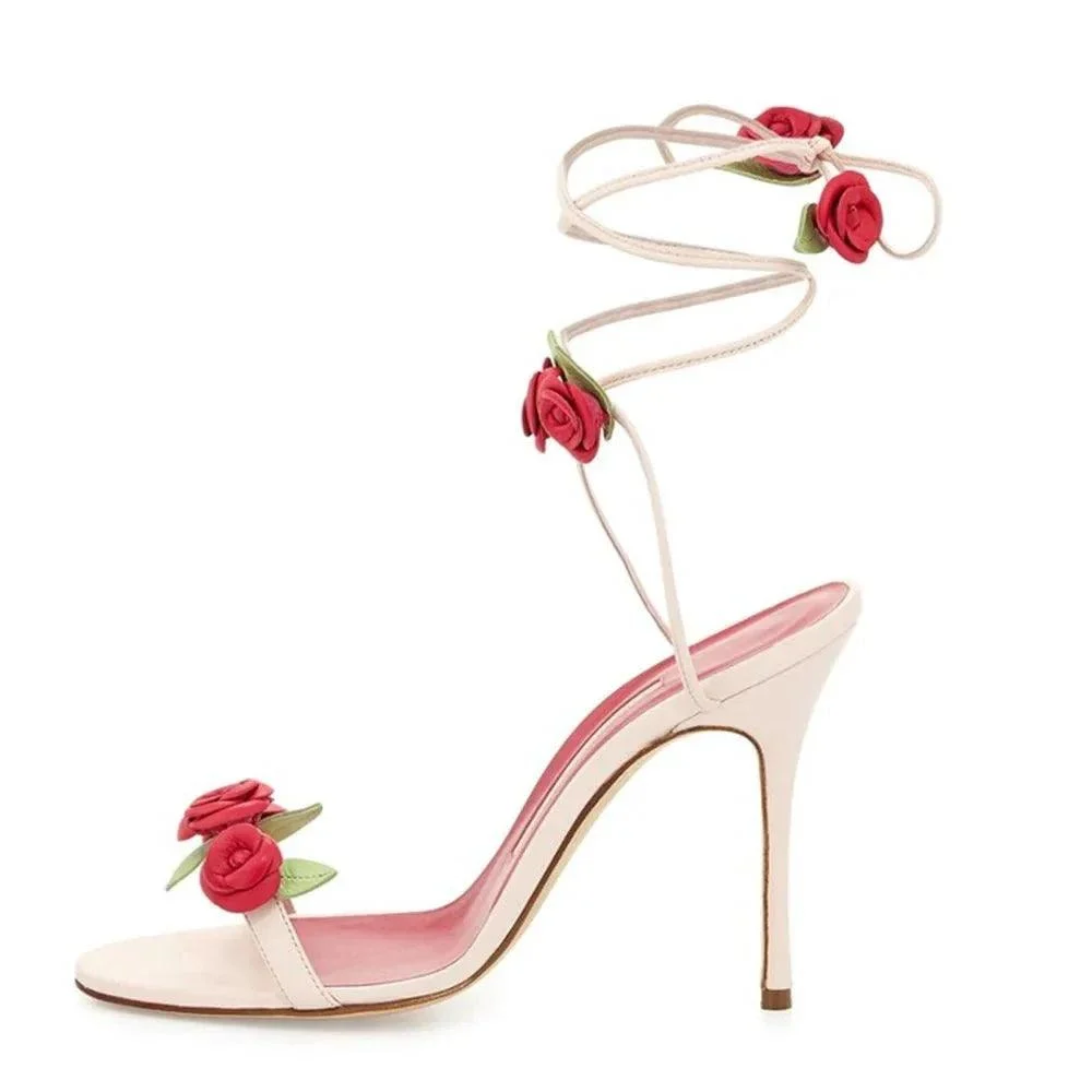 Flower Ankle Strap Thin High Heels Open Toe Shoes - Glova