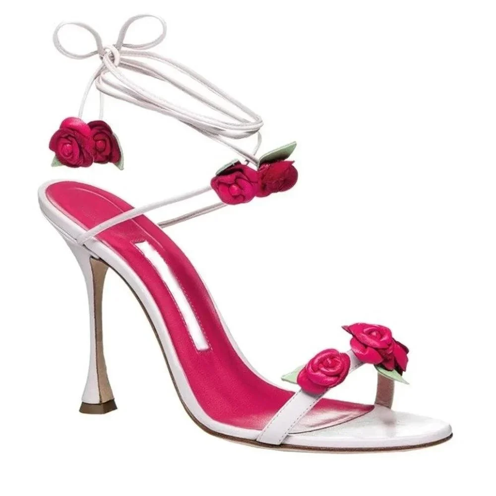 Flower Ankle Strap Thin High Heels Open Toe Shoes - Glova