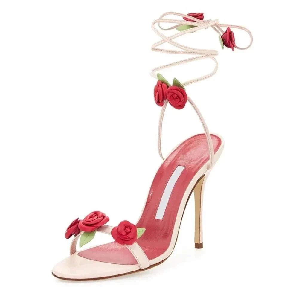 Flower Ankle Strap Thin High Heels Open Toe Shoes - Glova