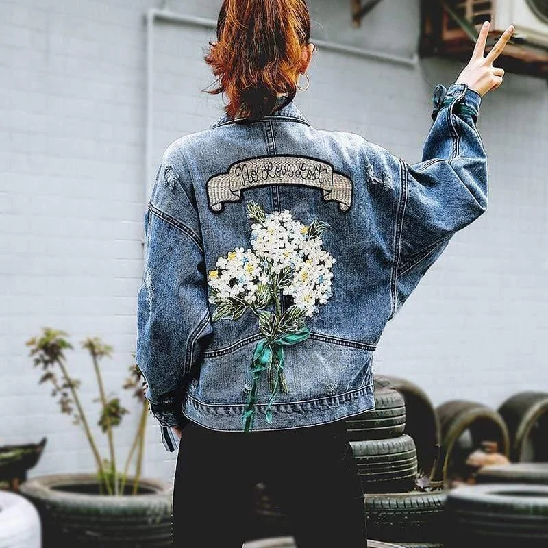 Flower Bouquet Embroidery Detail Denim Jacket - Glova