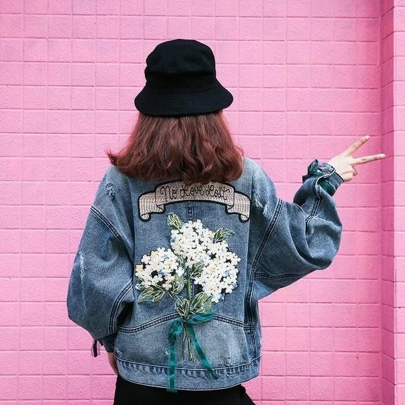 Flower Bouquet Embroidery Detail Denim Jacket - Glova