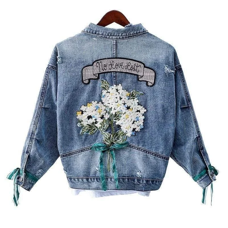 Flower Bouquet Embroidery Detail Denim Jacket - Glova