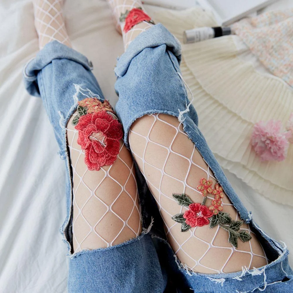 Flower Embroidery Big Fishnet Stockings - 3 Colors - Glova