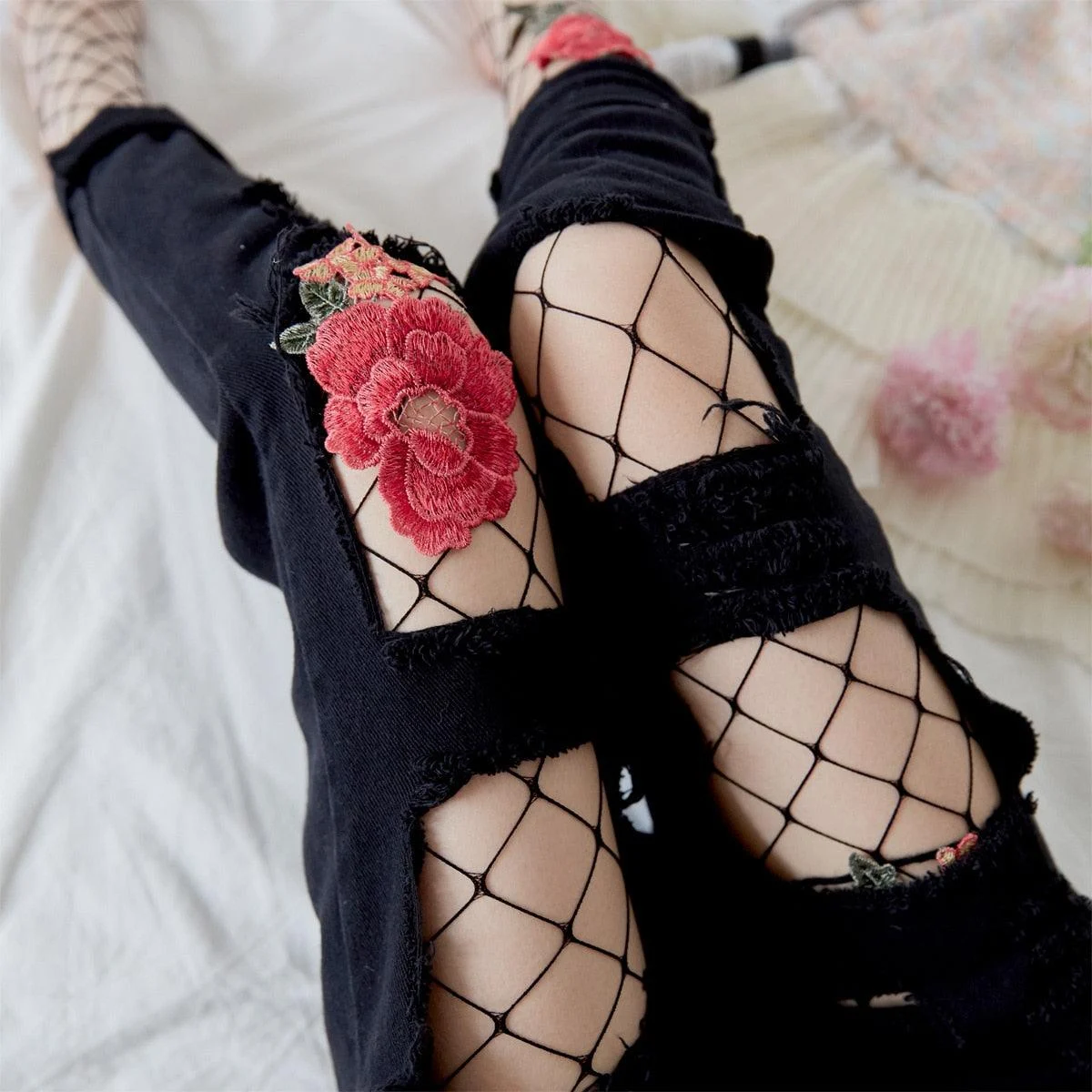 Flower Embroidery Big Fishnet Stockings - 3 Colors - Glova