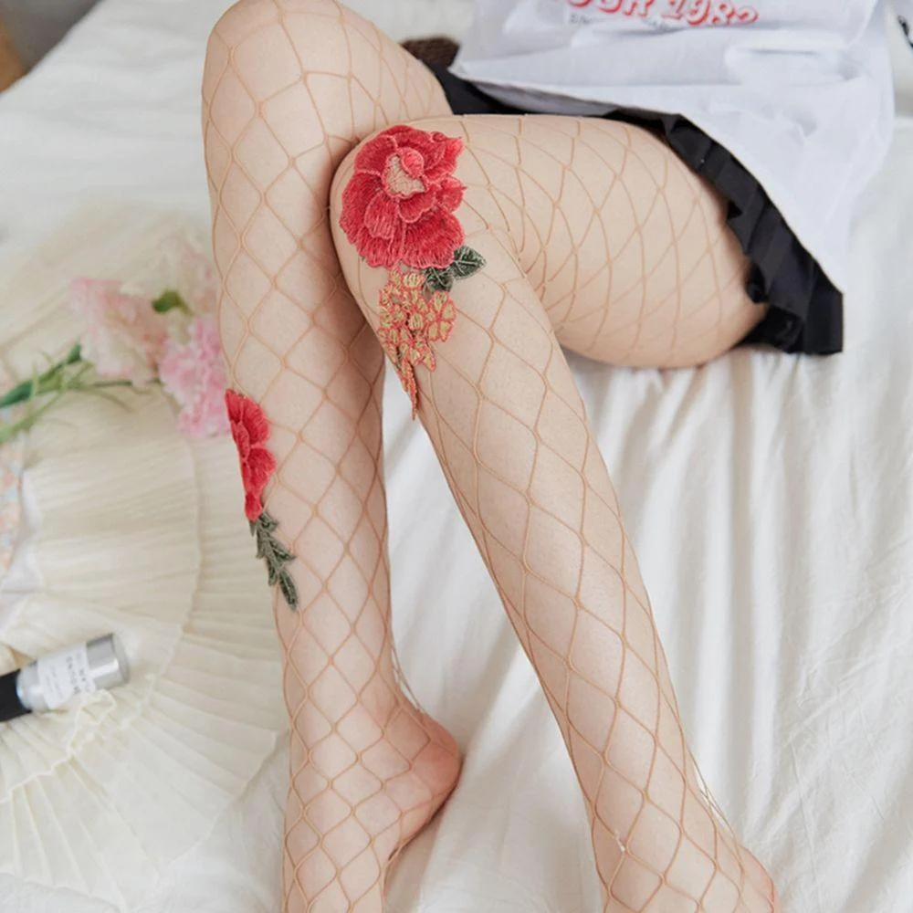 Flower Embroidery Big Fishnet Stockings - 3 Colors - Glova