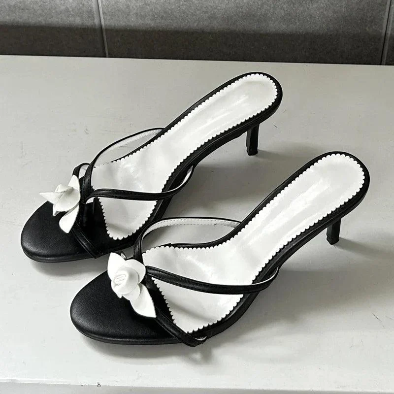 Flower Narrow Band Thin Low Heels Ladies Slides Shoes - Glova