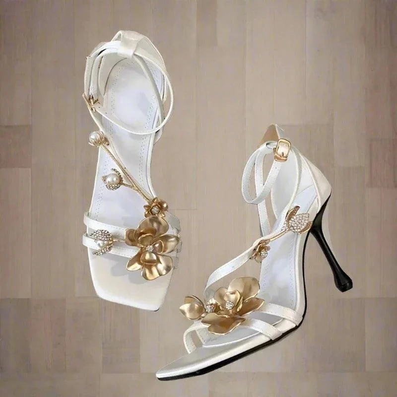 Flower Thin Heels Open Toe Buckle Strap Stripper Shoes - Glova