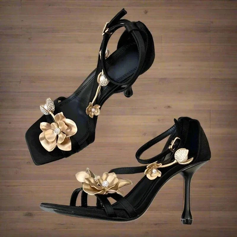 Flower Thin Heels Open Toe Buckle Strap Stripper Shoes - Glova