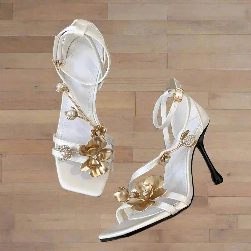 Flower Thin Heels Open Toe Buckle Strap Stripper Shoes - Glova