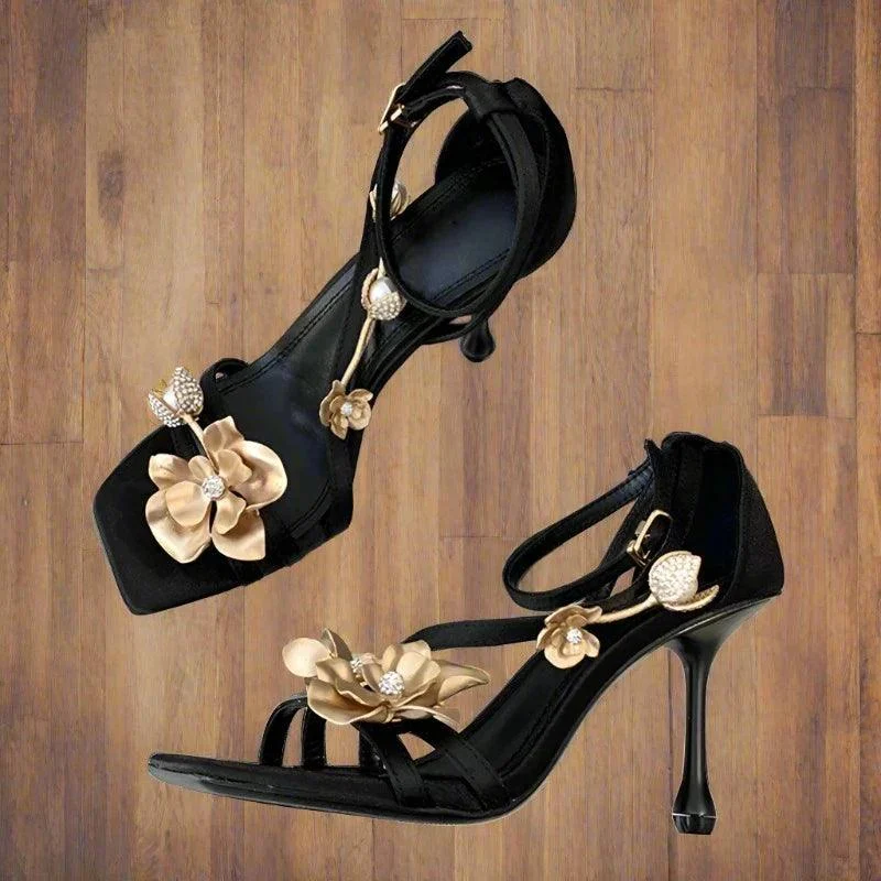 Flower Thin Heels Open Toe Buckle Strap Stripper Shoes - Glova