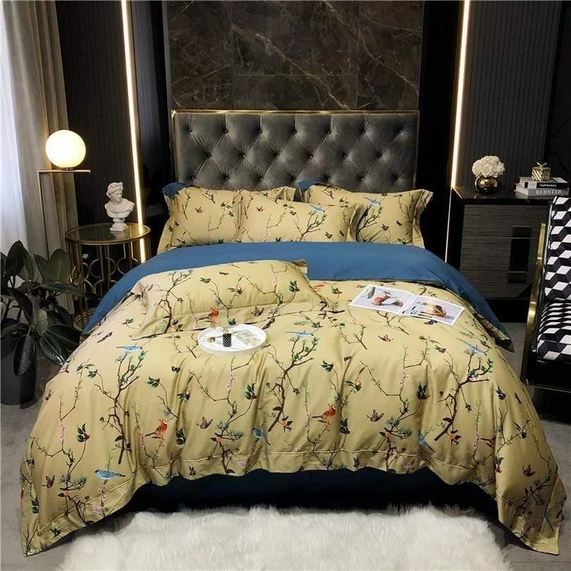 Flowers & Birds Egyptian Cotton Duvet Cover Set - Glova