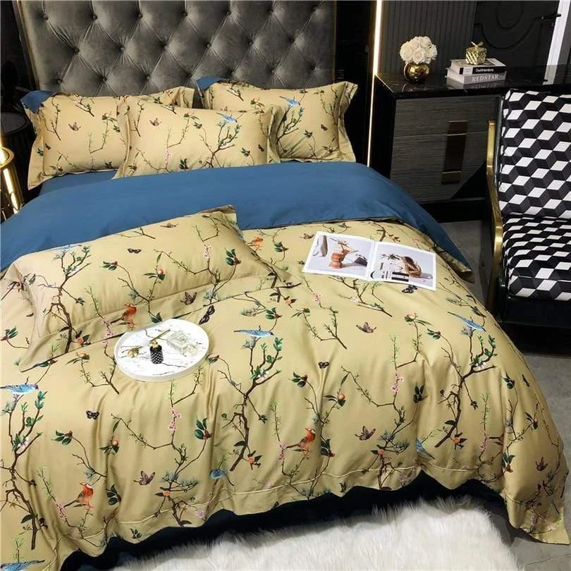 Flowers & Birds Egyptian Cotton Duvet Cover Set - Glova