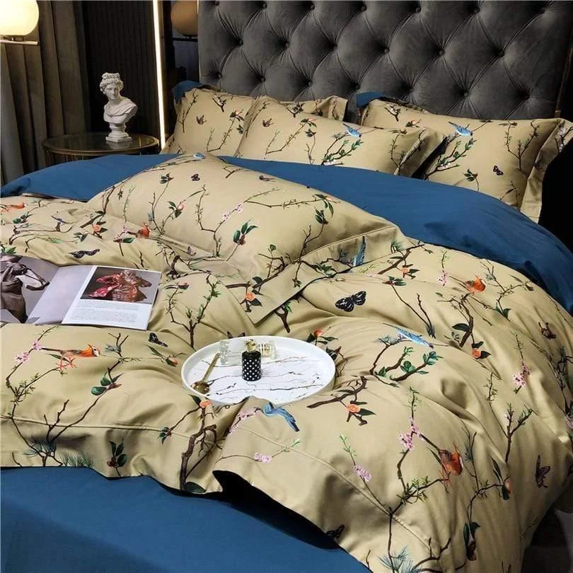 Flowers & Birds Egyptian Cotton Duvet Cover Set - Glova