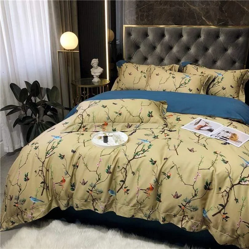 Flowers & Birds Egyptian Cotton Duvet Cover Set - Glova