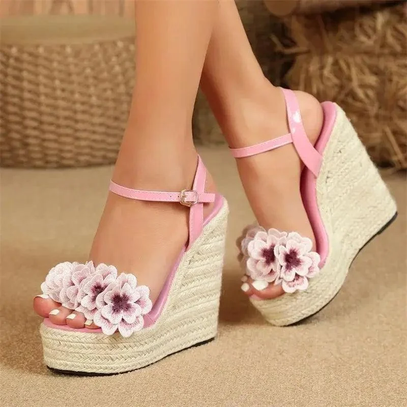 Flowers Weave Platform Wedges High Heels Buckle Strap Shoes - Glova