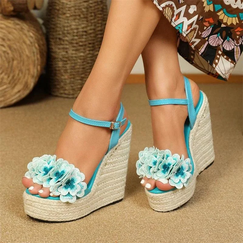 Flowers Weave Platform Wedges High Heels Buckle Strap Shoes - Glova