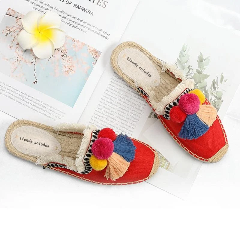 Folk Tassel and Pom Pom Espadrille Slides - 7 Styles - Glova