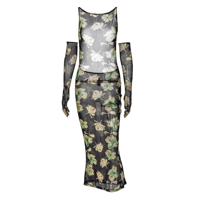 Francesca Dark Floral Backless Dress with Gloves - Glova