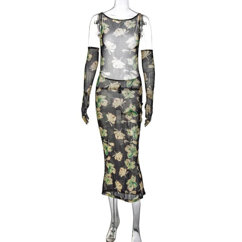 Francesca Dark Floral Backless Dress with Gloves - Glova