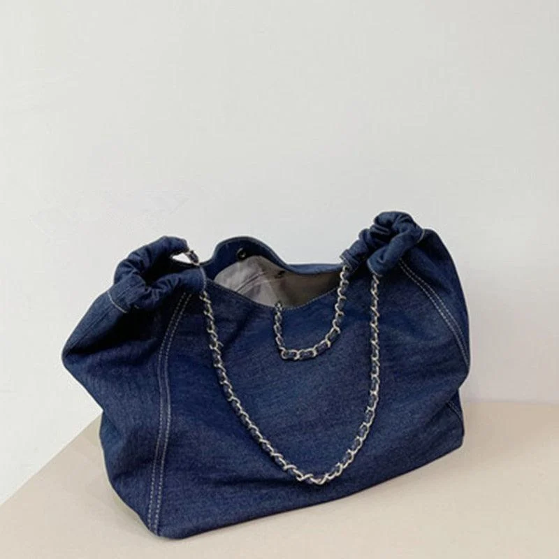 Francoise Large Denim Tote Braided Chain Straps - 2 Colors - Glova