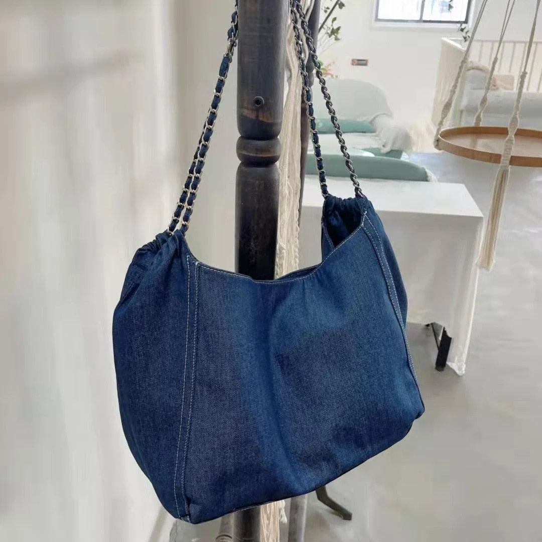 Francoise Large Denim Tote Braided Chain Straps - 2 Colors - Glova