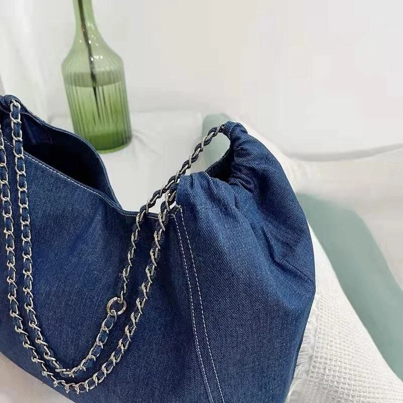 Francoise Large Denim Tote Braided Chain Straps - 2 Colors - Glova