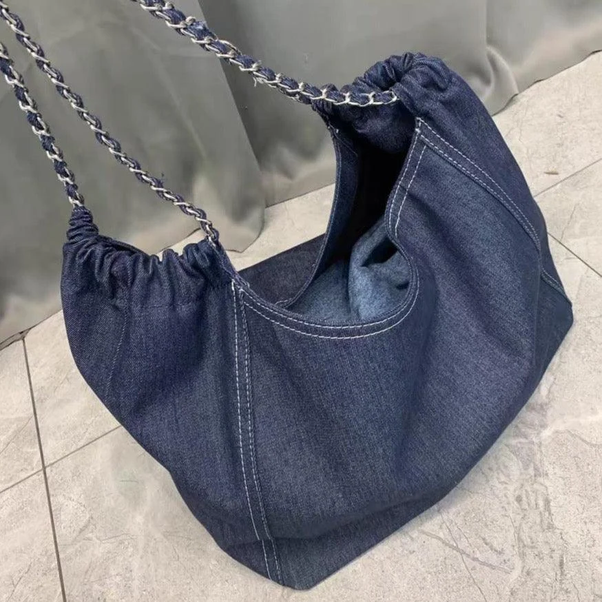 Francoise Large Denim Tote Braided Chain Straps - 2 Colors - Glova