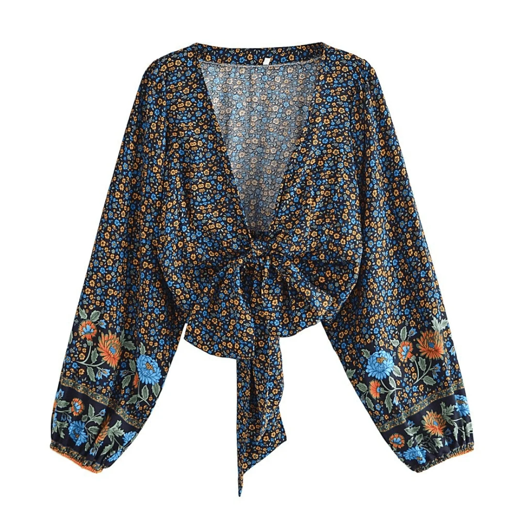 Freya Retro V Neck Bell Sleeve Blouse in Navy - Glova