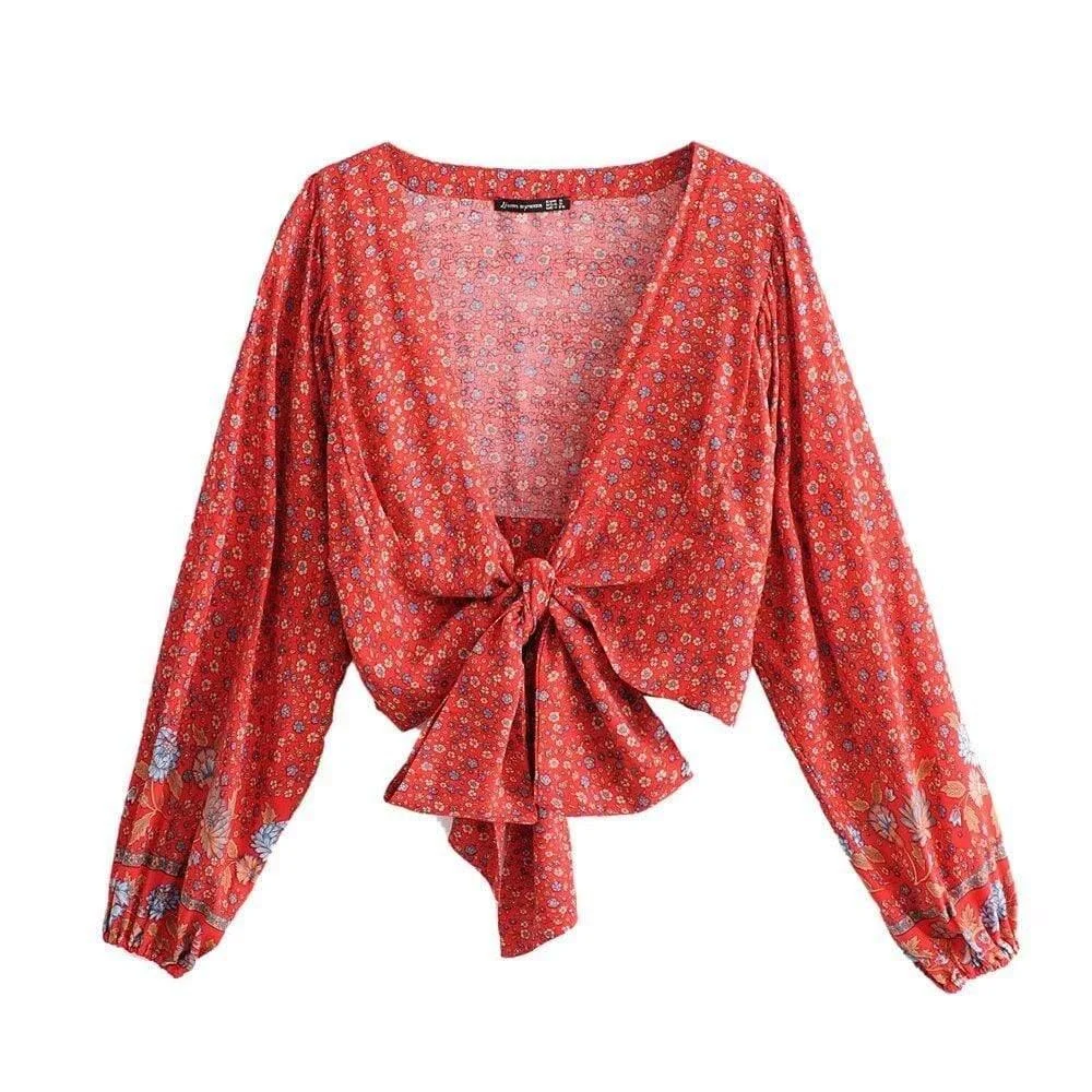 Freya Retro V Neck Bell Sleeve Blouse in Red - Glova